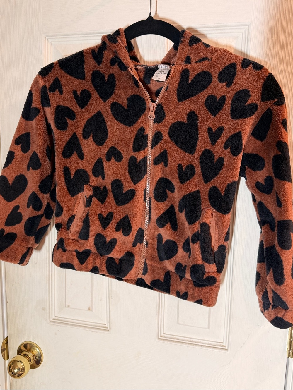 Carter's Fuzzy Brown Hoodie with Black Heart Print